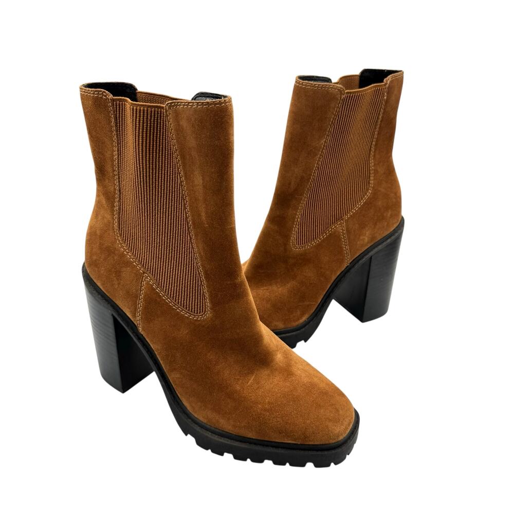 Chelsea & Violet Tan Suede Chunky Heel Chelsea Booties